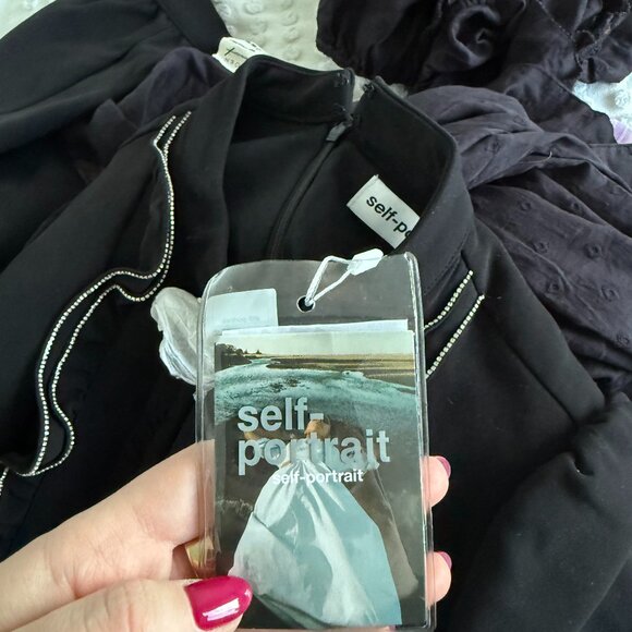 NWT Self-Portrait Ruffled Bib Mini Dress Black Crepe Crystal Trim & Bow Details - Picture 3 of 10